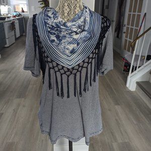 One World blue and white blouse with removable collar/scarf